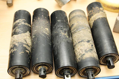 Upper rollers showing buildup from dust, filler, adhesive and more. Typically they must be replaced, which runs around $200.