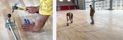 The center of this piece of plexiglass is the pivot point for the EMack line taping machine; here four finish nails are being used to anchor it down so it can be used to create a three-point line or, as seen in the next photo, the center circle.