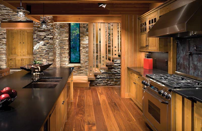Wide-plank walnut flooring, a rarity in Wisconsin's Northwoods, grounds the space.