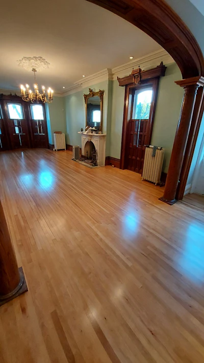 The kitchen's new birch flooring was blended into the existing beech floor in the mansion's living room.