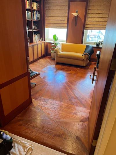 The curly cherry floor after re-oiling and waxing.