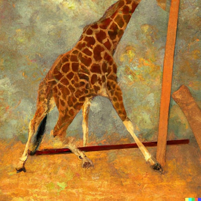 Dall·e 2022 09 30 10 37 57 An Impressionist Painting Of A Giraffe Installing A Wood Floor