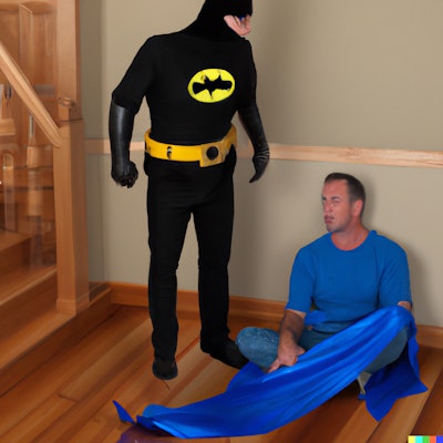 Dall·e 2022 11 04 14 47 00 Batman Arrests A Hardwood Floor Customer For Using Too Much Blue Tape