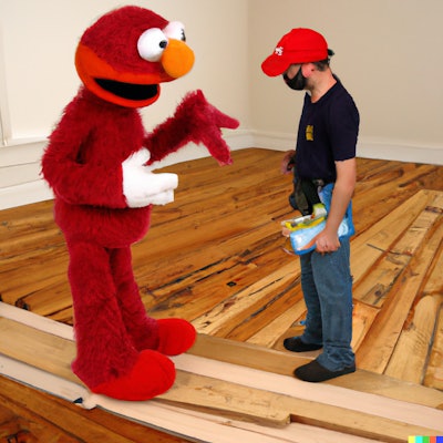 Dall·e 2022 11 04 15 00 30 Elmo Explains To A Wood Floor Pro That His Floor Just Needs A Light Sanding