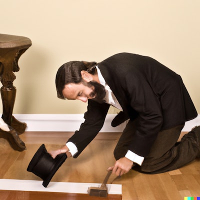 Dall·e 2022 11 04 15 05 31 Abraham Lincoln Finds A Hair In The Finish After Finishing A Hardwood Floor