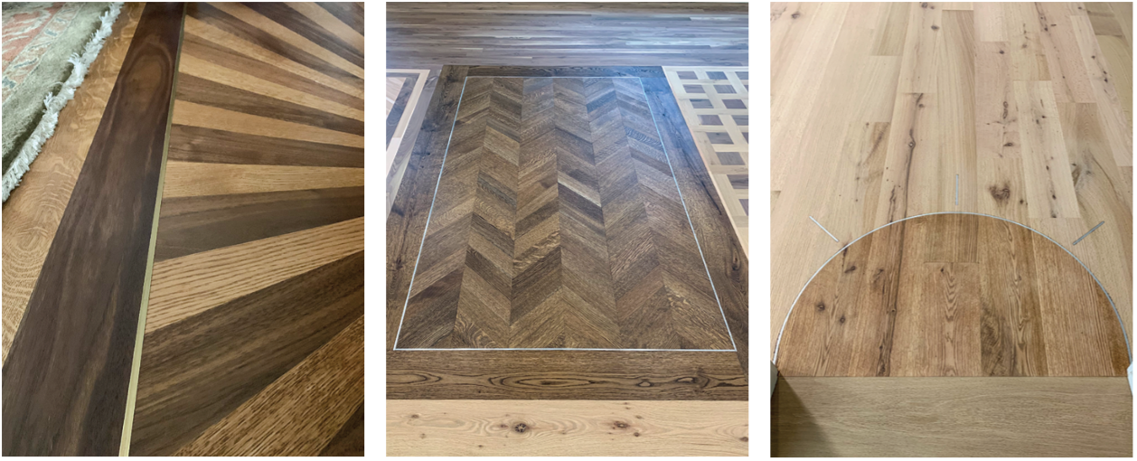 Three examples of ways we have installed metal: left, brass outlining a starburst; middle, aluminum bordering chevron; and right, on a curve in our showroom entry.