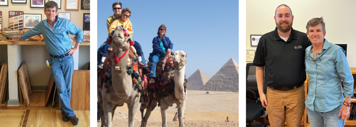 An offer to buy my business when my son was young prompted me to prioritize taking family trips around the world while he was growing up, including our first trip to Egypt, pictured. At right, I&rsquo;m at my retirement party this year with Matt Poole, who bought my business.