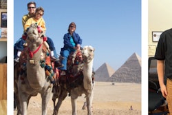 An offer to buy my business when my son was young prompted me to prioritize taking family trips around the world while he was growing up, including our first trip to Egypt, pictured. At right, I’m at my retirement party this year with Matt Poole, who bought my business.