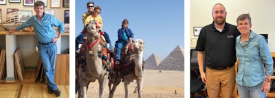 An offer to buy my business when my son was young prompted me to prioritize taking family trips around the world while he was growing up, including our first trip to Egypt, pictured. At right, I’m at my retirement party this year with Matt Poole, who bought my business.