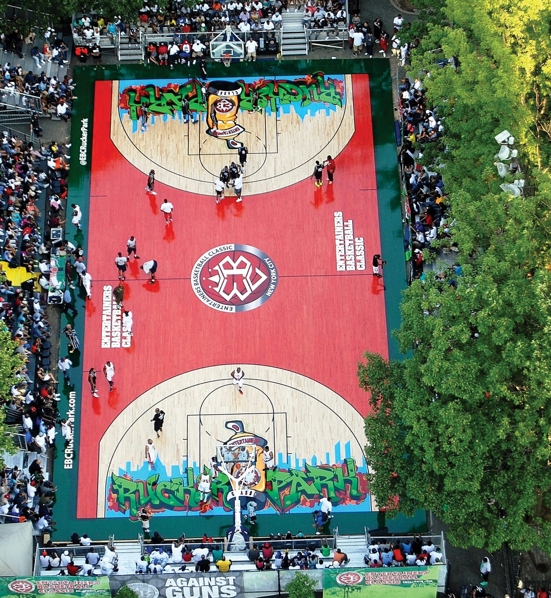 This portable wood court was installed in Harlem's Rucker Park for the Entertainers Basketball Classic, a three-month celebrity basketball tournament.
