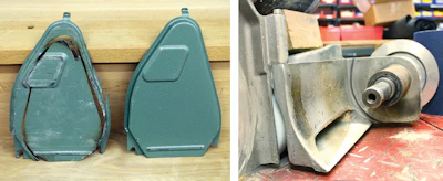 Here are two cases on two different types of big machines where the paper tracking was so off it actually cut the metal surrounding it, one on the door (shown above left next to a new door). And the other right through the machine housing (above left).