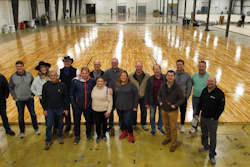 The working group for what is now the Indoor Sports Surfaces Division of the American Sports Builders Association at the Praters facility in Chattanooga, Tenn., in January included (from left): Tim Young, Basic Coatings; Ashton Salinger, Basic Coatings; McKenzie Nelson, Western Sport Floors; John Prater, Praters; Paul Nelson, Western Sport Floors; Rob Zehnder, PoloPlaz; Steve Yoder, The Ohio Floor Company; Cassie Wilson, Praters; Larry Wade, The Ohio Floor Company; Abby Mitchell, Ponder Company; Kevin Miller, The Ohio Floor Company; Paul Hildebrandt, Creative Floors; Jay Hendley, Covington Floors; Logan Allen, Allen Hardwood Floors; Mike Allen, Allen Hardwood Floors; and Phil Sanchez, Bona.