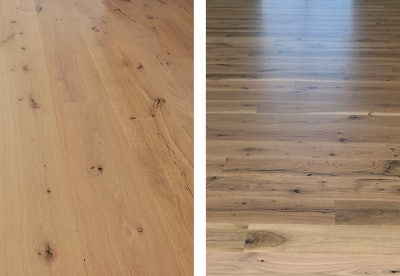 Flooring sold as “white oak” can have great variation. On the left, this true white oak, Quercus alba, is lighter and more uniform than the post oak (often sold as just “white oak”) on the right.