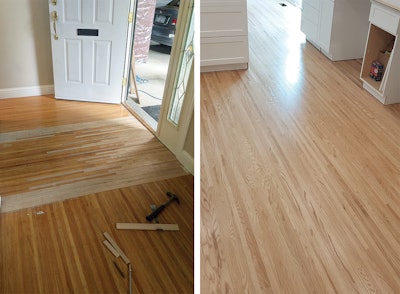 My personal pet peeve is when people say “You can’t fix those!” when talking about top-nail flooring. This job involved repairs as well as adding on for a new kitchen.