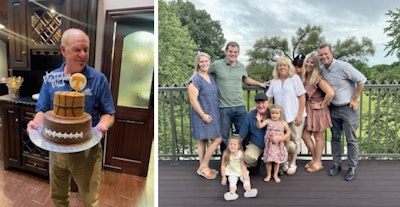 Paul Stringer at his retirement party (left), and with his family (right).