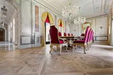 This elaborate white oak parquet in the dining room of a waterfront mansion was just one wood floor in a project that took three years to complete.