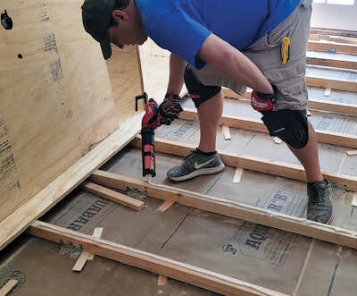 We glued each joist before setting the plywood.