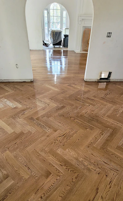 Then our site-milled herringbone was installed, sanded and finished.