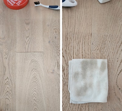 These are two wire-brushed floors I inspected: The one on the left is 8 months old; the one on the right was installed 6 months ago in a multi-million-dollar home. All of the traffic areas in these floors look like the floors are 20 years old: worn, dirty and splintering.