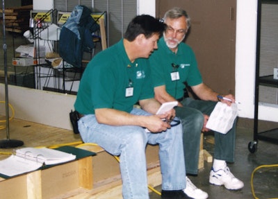Daniel Boone and Mickey Moore led wood flooring schools together and became the best of friends, as well. Here they are pictured at the NOFMA School held at the Agricenter International in Memphis in March 2000.