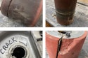 Some drum problems we see (clockwise from top left): a deep nail groove; chunks missing and the rubber almost melted on a rider drum; a chunk missing from next to the slot on a Galaxy drum from running it as a belt without having a shim in the slot; and a crack in the actual metal.
