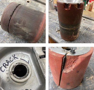 Some drum problems we see (clockwise from top left): a deep nail groove; chunks missing and the rubber almost melted on a rider drum; a chunk missing from next to the slot on a Galaxy drum from running it as a belt without having a shim in the slot; and a crack in the actual metal.