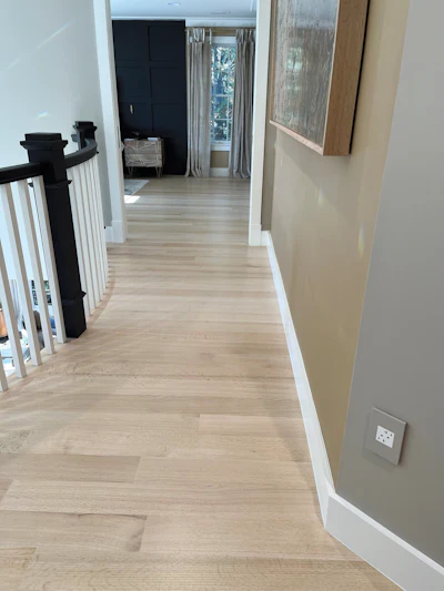 This Northern red oak rift-and-quartersawn select-and-better floor has Bona’s Red Out finish on it. (Photo courtesy of Allegheny Mountain Hardwood Flooring)