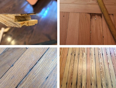 Sanding will hit fasteners before the wear layer is sanded to nothing. Photos (clockwise from top left) courtesy of Cash Pyle, Bill Bagley, Joe Lawson and Everett Barnsley.