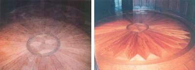 The entry to the music room at Stan Hywet Hall in Akron, Ohio, has this sunburst medallion. ('Before' is on the left; the 'after' shot post-refishing is on the right.)
