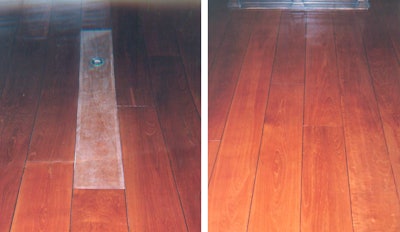 The teak veneer flooring in the music room at Stan Hywet Hall in Akron, Ohio, after refinishing—the white board in the photo on the left is a 'witness' board showing the original condition of the flooring before we started. Note that there is a rosewood inlay between each board.