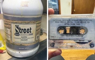 Stephen Gunneson of Branford, Conn.-based Gunneson Flooring Company shared these two artifacts from the early days of water-based coatings: a vintage gallon of Basic Coatings Street Shoe water-based finish found at a customer’s home, and a casette tape of a seminar on “Water Based Floors” from 1995.