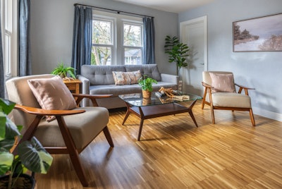 Zena Forest Products' Edge Grain wood flooring consists of 7½-by-15-inch hardwood tiles composed of ¾-inch-wide individual strips and two thin embedded wire backings.