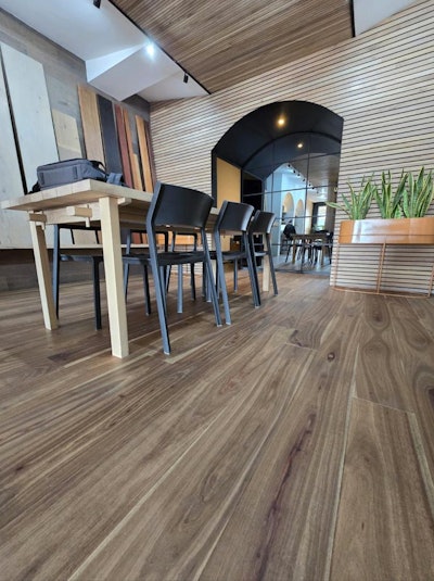 The elephant-toppled trees are used to create the factory’s long-length, wide-board engineered Monument Range in three species: Zimbabwean teak, African mukwa and African rosewood.