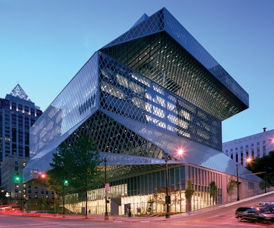 The Seattle Central Library, a polyhedral building of glass and crosshatched steel, was designed by world-renowned Dutch architect Rem Koolhaas.