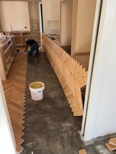 I’ve found that panelizing sections of herringbone with face tape makes installation faster and less error-prone.