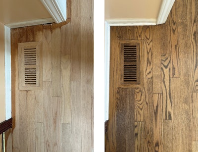 This prefinished red oak was sanded to raw wood, then stained medium brown and coated with Bona waterborne finish. (Floor by Cody Johnstone)