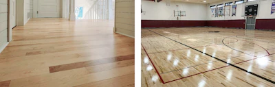 Top, first-grade maple coated with Loba Hybrid and then Duo 2K (floor by Jaime Espinoza). Above, second-and-better maple with a subfloor system by Robbins Sports Surfaces and Bona Super Sport water-based finish (floor by Floors Incorporated).