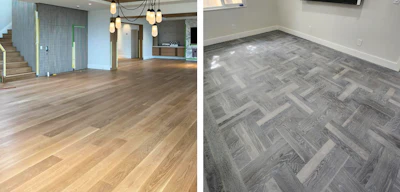 White oak two drastically different ways: At left, its natural color coated with Bona Traffic HD (floor by Jonathan Gramajo). At right, this 3-inch white oak is Muscanell Millwork’s “Casa Grade” with two coats of Rubio Fume and two coats of Procoat Unocoat Country White (floor by Mike Wong).