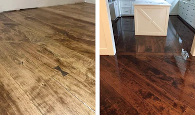 At left, No. 1 common cherry coated with Bona Traffic (floor by Austin Macdonough). At right, This 7-inch select cherry had a final sanding of 100 with a Hydrasand, then was popped with straight denatured alcohol before being stained with a mix of DuraSeal Jacobean and English walnut stain and coated with poly (floor by Lorie Davidson).