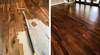 At left, this 8-inch engineered character-grade walnut in the process of being coated with Bona DriFast sealer shows how coatings reveal the depth of the wood (floor by Michael Settlemyre). At right, common-grade walnut flooring coated with Pallmann Pall-X Color Sealer and Pall-X Power in Satin (floor by Justin Braun).
