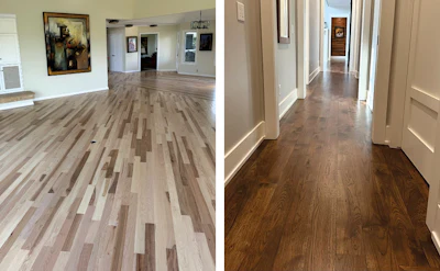 At left, this solid select-grade hickory was coated with Bona NaturalSeal and Bona Mega One (floor by JACE Hardwood Flooring). At right, second-grade hickory with Espresso stain and Berger-Seidle Greenstar semi-gloss finish (floor by Doug LeClair).