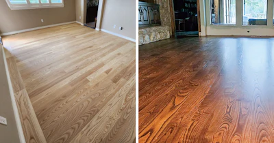 At left, Muscanell Millwork’s select “Hacienda Grade” of ash coated with Berger-Seidle Natural White 2K (floor by Mike Wong). At right, WoodCo unselected 5/8-by-5-inch ash in 10-foot lengths was stained with DuraSeal Medium Brown and coated with two coats of Berger-Seidle Exobloc and two coats of CeramicStar Satin (floor by Higher Standard Hardwood Flooring LLC).