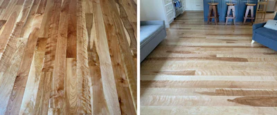 At left, common-grade red birch finished with Professional Coatings UnoCoat Natural (floor by Tony Horsman). At right, a select-and-better mix of heart and sap wood sourced and milled by Dan Antes; it was coated with DuraSeal Quick Dry Sealer: “Basically a gloss making the chatoyancy pop, topped with DuraClear Max semi-gloss to not dull down the brilliant figuring,” says pro Walter Bastian.