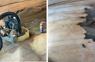 This area of the floor had some sort of oil on it, and there Franklin had to use WD-40 and then 60-grti on the HydraSand to remove it.