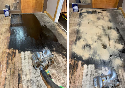 This area was so oily that Franklin used paint thinner instead of WD-40; he brushed it in and let it sit, then edged it off. Because it was so wet, it was slinging all over while he was edging, so he spread leftover sanding dust on it to soak it up.