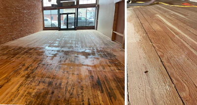 Before buffing, Franklin water-popped the floor to raise all the big scratches and make them easier to buff out. In the picture at right, you can see where it water-popped and raised all the scratches in the grain.