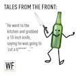 Cartoon beer bottle holding knife, illustrating dark humor about potential violence