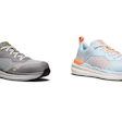 Pair of gray and light blue athletic safety shoes with technical design