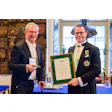 Award ceremony with two distinguished gentlemen in formal attire receiving official recognition