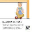 Cartoon woman sitting cross-legged using smartphone, with WF Business logo